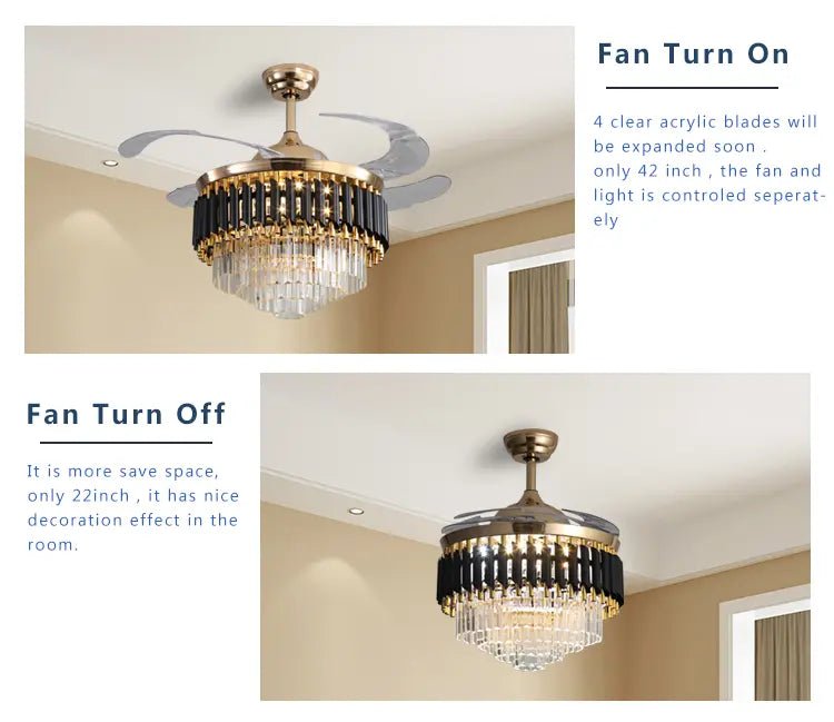 Modern Retractable Crystal Chandelier Ceiling Fan with LED Light, Bluetooth Speaker & Remote - Bumble Shop