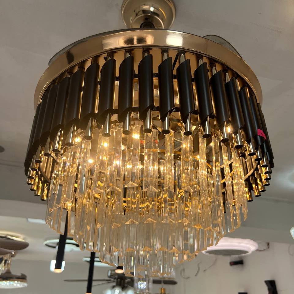 Modern Retractable Crystal Chandelier Ceiling Fan with LED Light, Bluetooth Speaker & Remote - Bumble Shop
