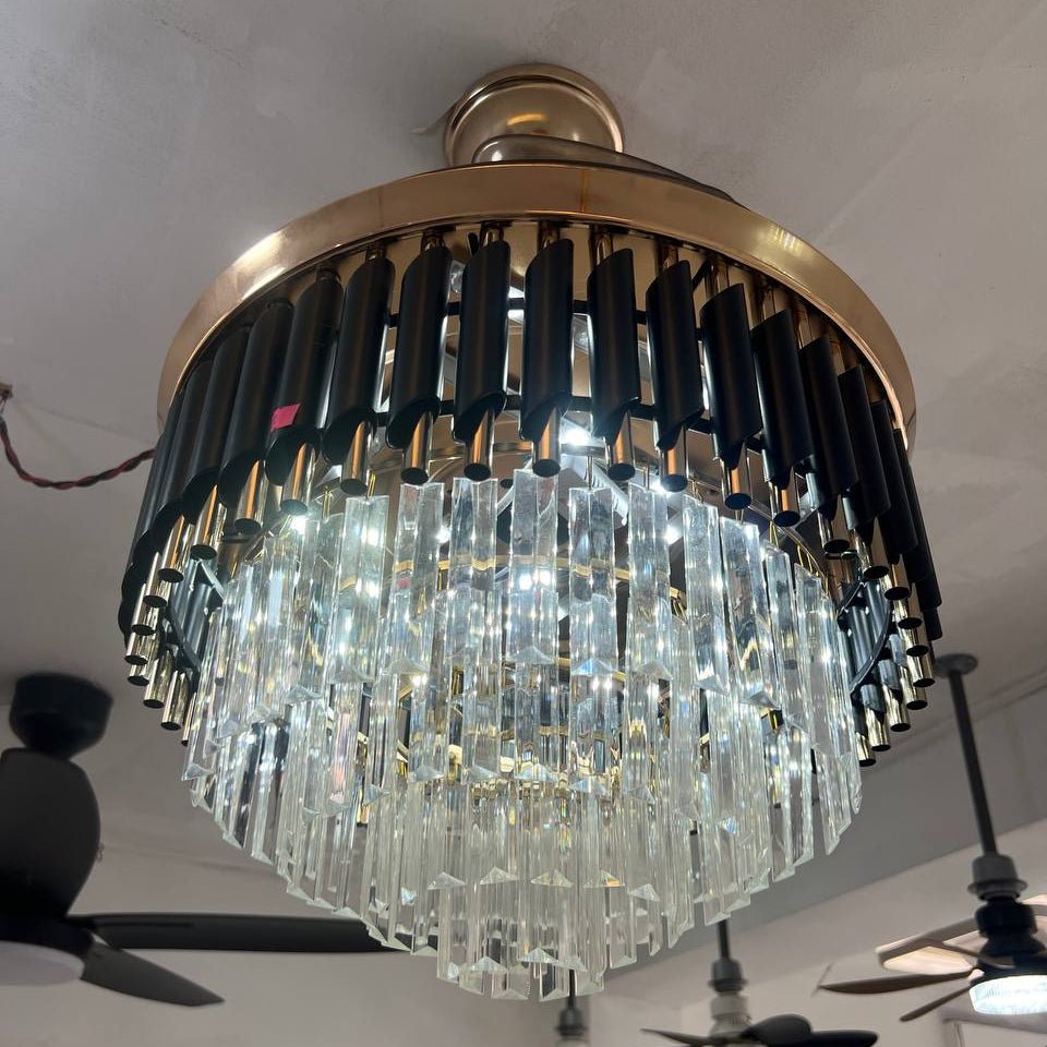 Modern Retractable Crystal Chandelier Ceiling Fan with LED Light, Bluetooth Speaker & Remote - Bumble Shop