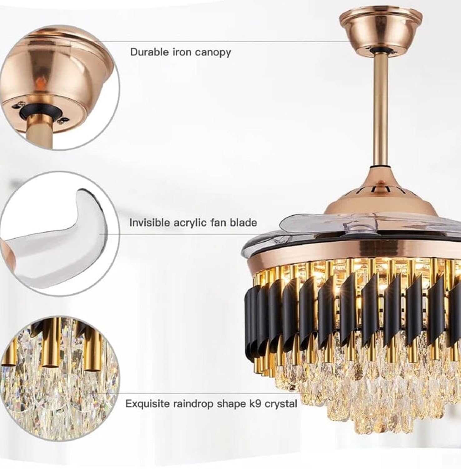 Modern Retractable Crystal Chandelier Ceiling Fan with LED Light, Bluetooth Speaker & Remote - Bumble Shop