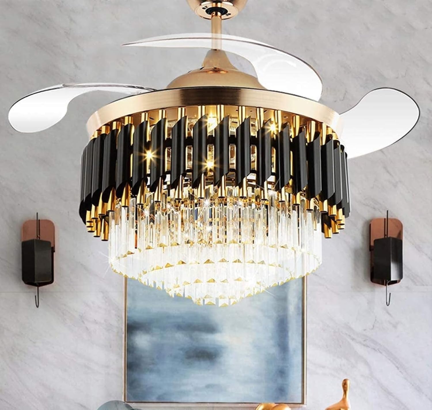 Modern Retractable Crystal Chandelier Ceiling Fan with LED Light, Bluetooth Speaker & Remote - Bumble Shop