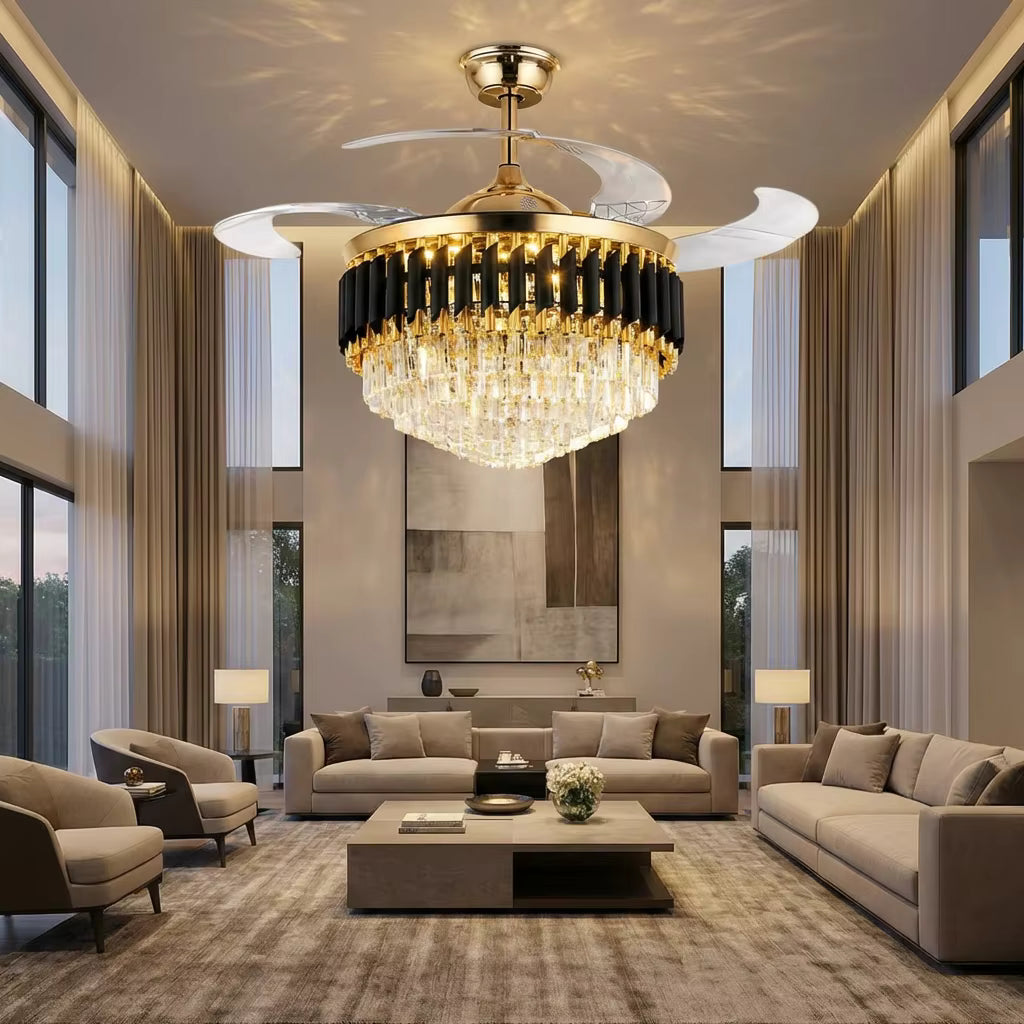 Modern Retractable Crystal Chandelier Ceiling Fan with LED Light & Remote