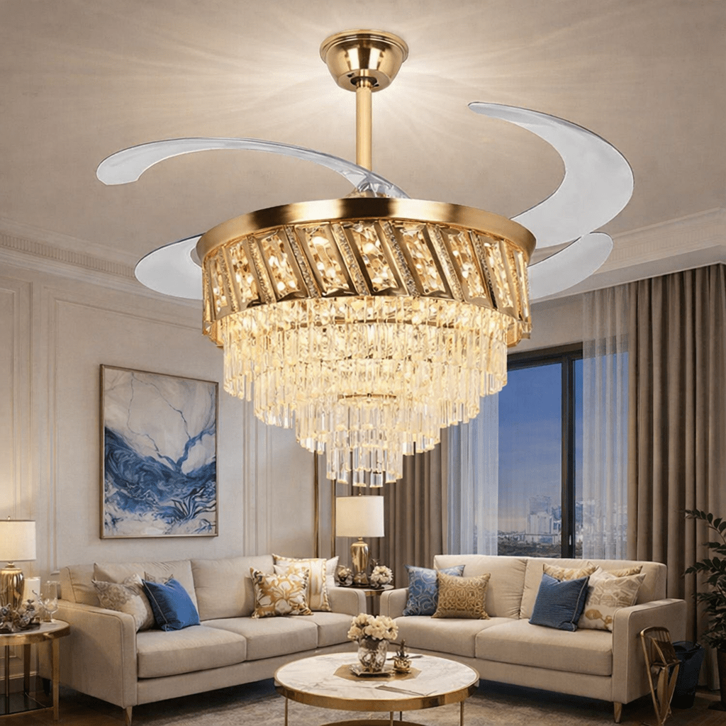 Modern Crystal Chandelier Ceiling Fan with Light, 3 LED Modes, Remote Control, Silent Motor (Rose Gold) - Bumble Shop