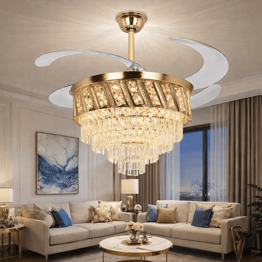 Modern Crystal Chandelier Ceiling Fan with Light, 3 LED Modes, Remote Control, Silent Motor (Rose Gold) - Bumble Shop
