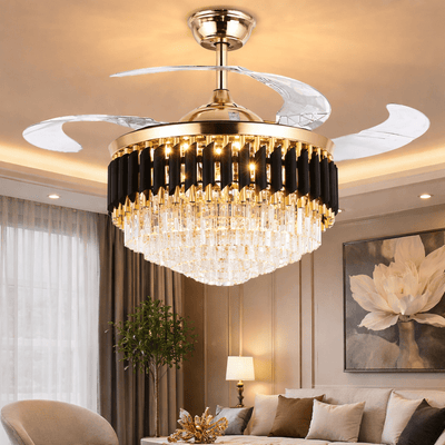 Modern Retractable Crystal Chandelier Ceiling Fan with LED Light, Bluetooth Speaker & Remote - Bumble Shop