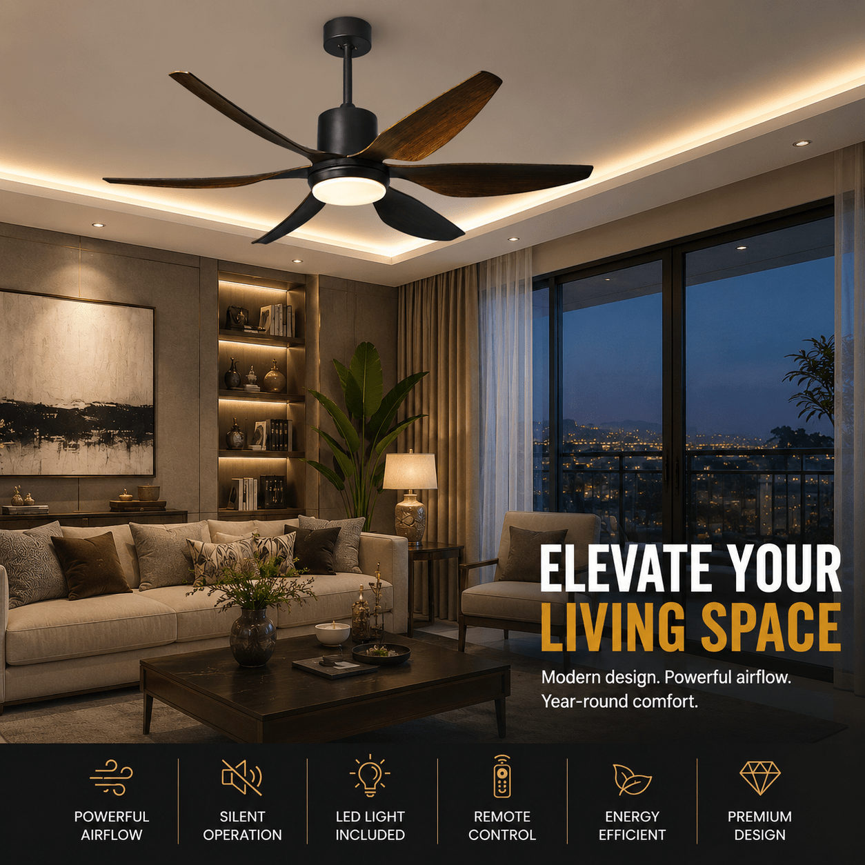 6 Blade Silent Cooling 3 Color LED 52 Inch Ceiling Fan with Light & Remote Control - Bumble Shop