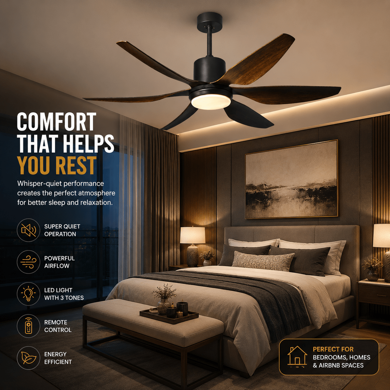 6 Blade Silent Cooling 3 Color LED 52 Inch Ceiling Fan with Light & Remote Control - Bumble Shop