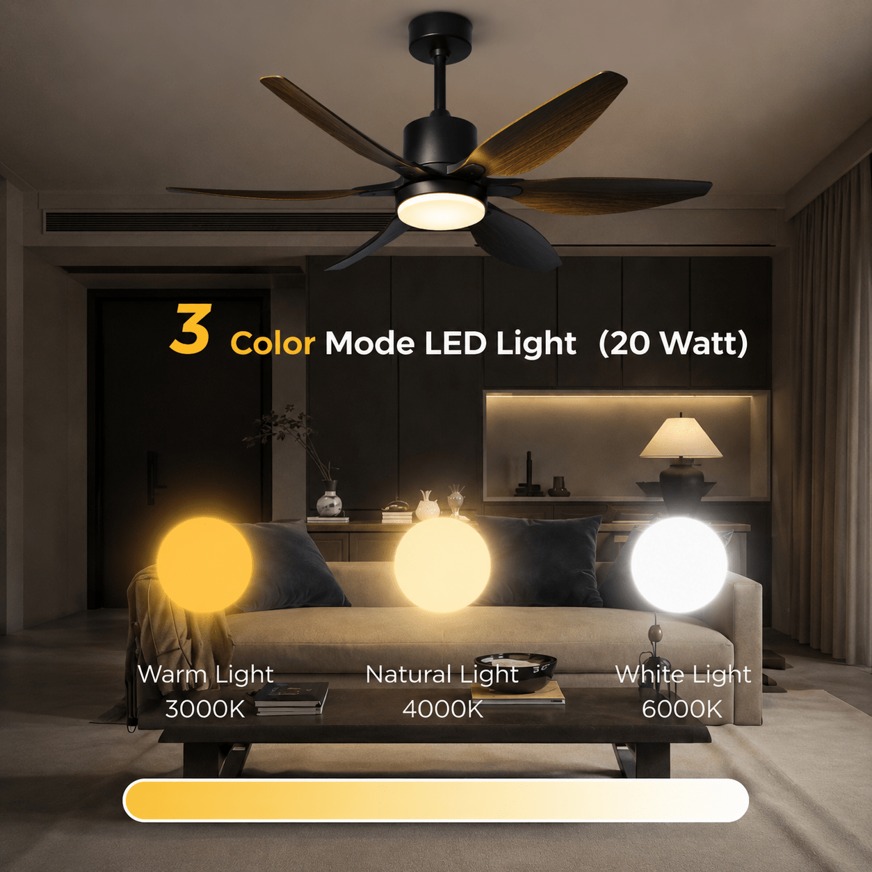 6 Blade Silent Cooling 3 Color LED 52 Inch Ceiling Fan with Light & Remote Control - Bumble Shop