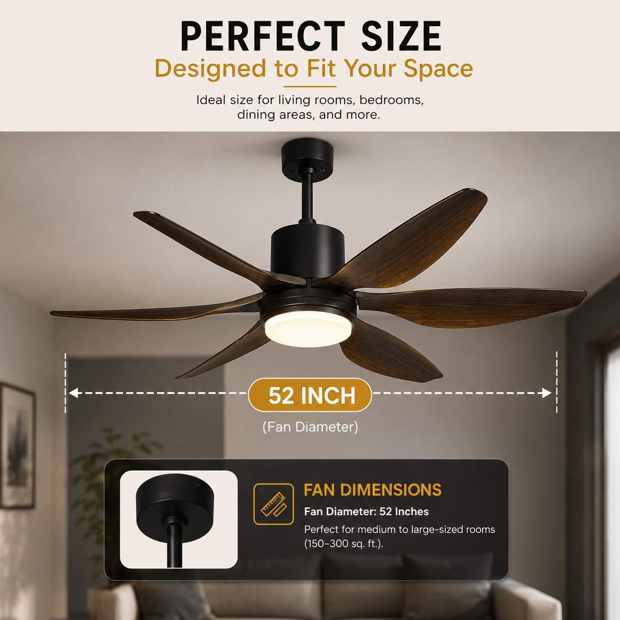 6 Blade Silent Cooling 3 Color LED 52 Inch Ceiling Fan with Light & Remote Control - Bumble Shop