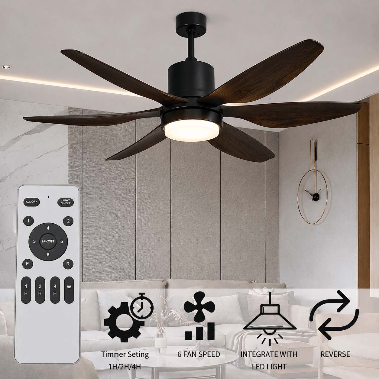 6 Blade Silent Cooling 3 Color LED 52 Inch Ceiling Fan with Light & Remote Control - Bumble Shop