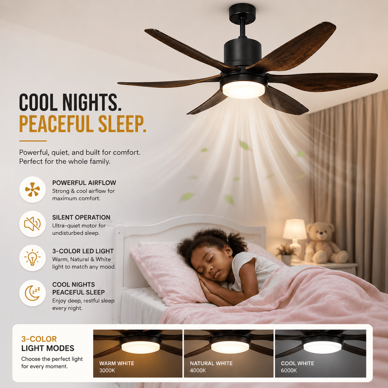 6 Blade Silent Cooling 3 Color LED 52 Inch Ceiling Fan with Light & Remote Control - Bumble Shop