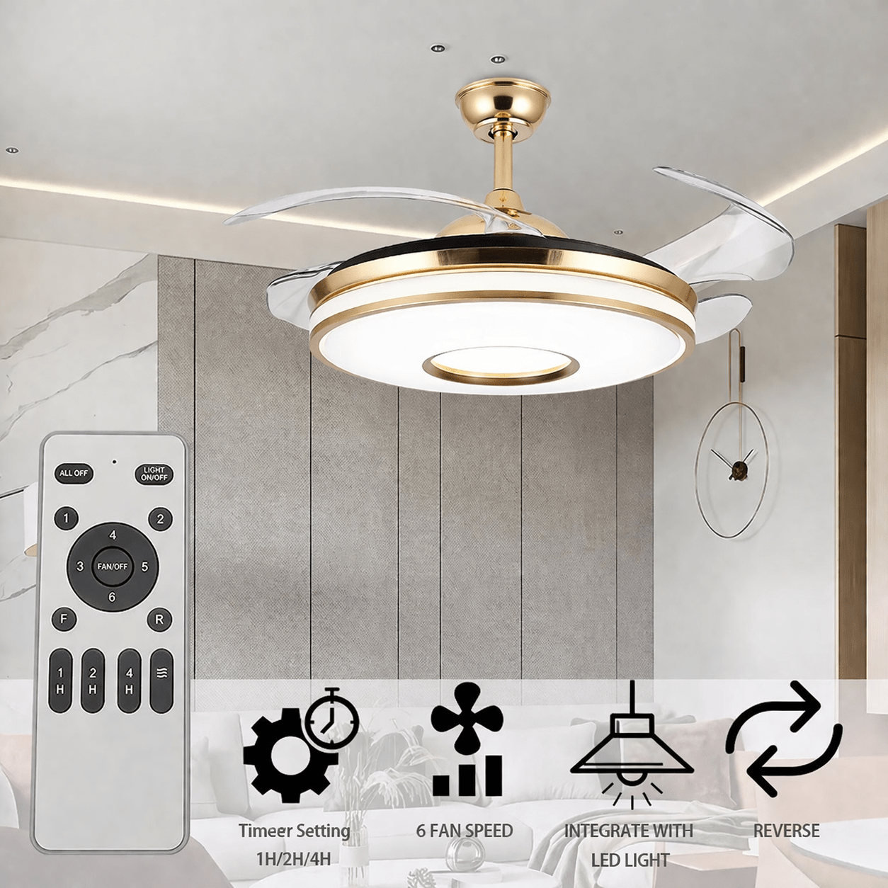 Stylish Retractable Ceiling Fan with LED Light and Easy Remote Control - Bumble Shop