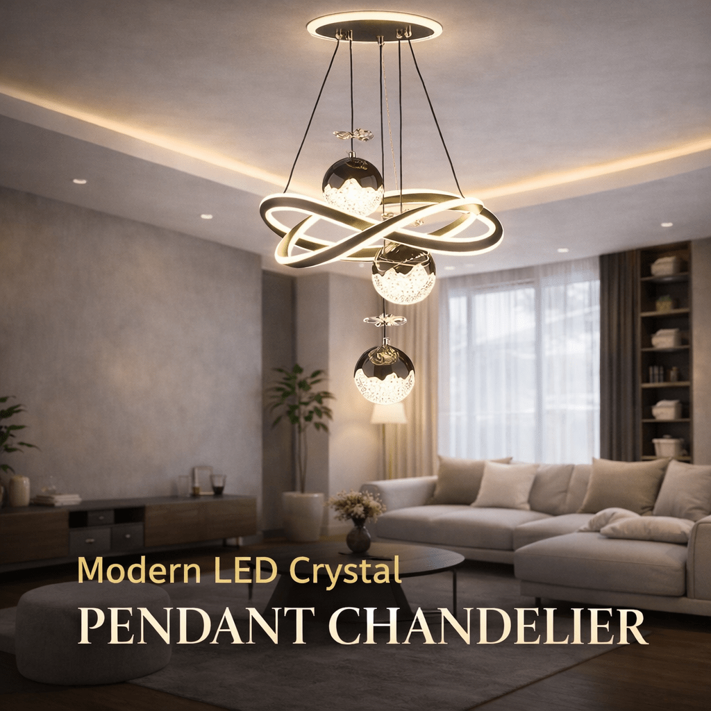 Luxury Modern LED Crystal Pendant Chandelier with Geometric Ring Design & Spherical Glass Lights - Bumble Shop