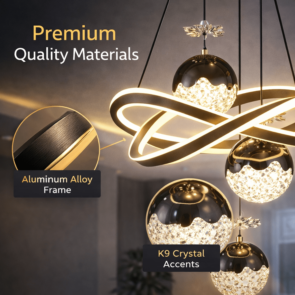 Luxury Modern LED Crystal Pendant Chandelier with Geometric Ring Design & Spherical Glass Lights - Bumble Shop