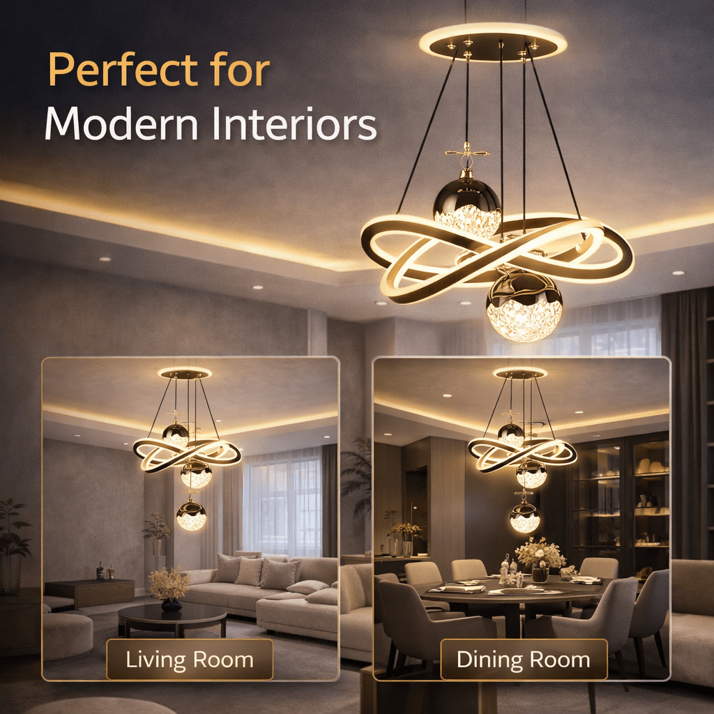 Luxury Modern LED Crystal Pendant Chandelier with Geometric Ring Design & Spherical Glass Lights - Bumble Shop