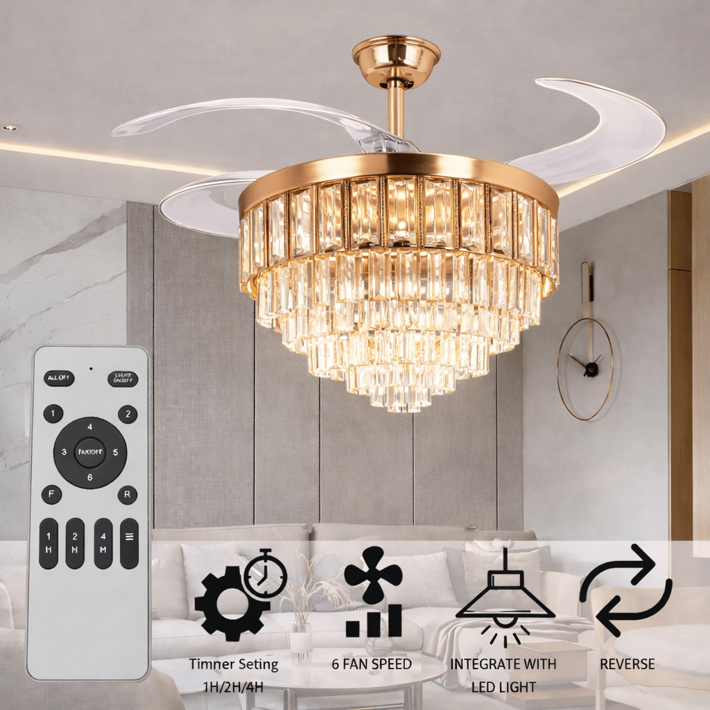 Modern Crystal Chandelier Ceiling Fan with Light, 3 LED Modes, Remote Control, Silent Motor (Rose Gold) - Bumble Shop