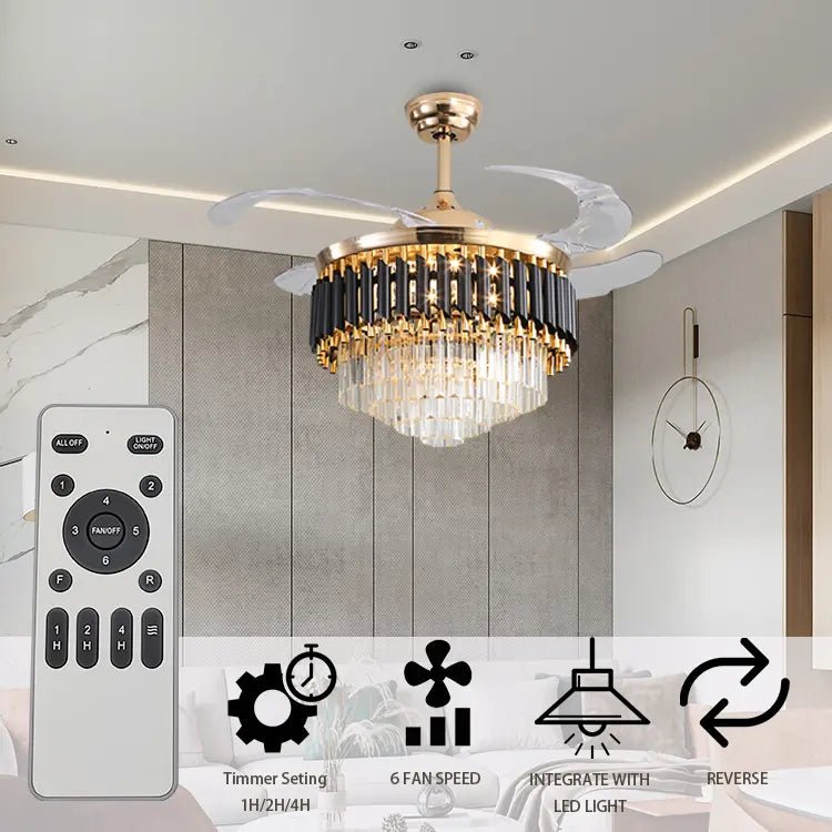 Modern Retractable Crystal Chandelier Ceiling Fan with LED Light, Bluetooth Speaker & Remote - Bumble Shop