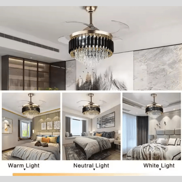 Modern Retractable Crystal Chandelier Ceiling Fan with LED Light, Bluetooth Speaker & Remote - Bumble Shop
