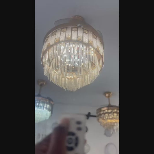 Modern Crystal Chandelier Ceiling Fan with Light, 3 LED Modes, Remote Control, Silent Motor (Rose Gold)