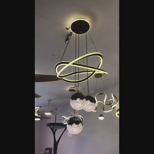 Luxury Modern LED Crystal Pendant Chandelier with Geometric Ring Design & Spherical Glass Lights